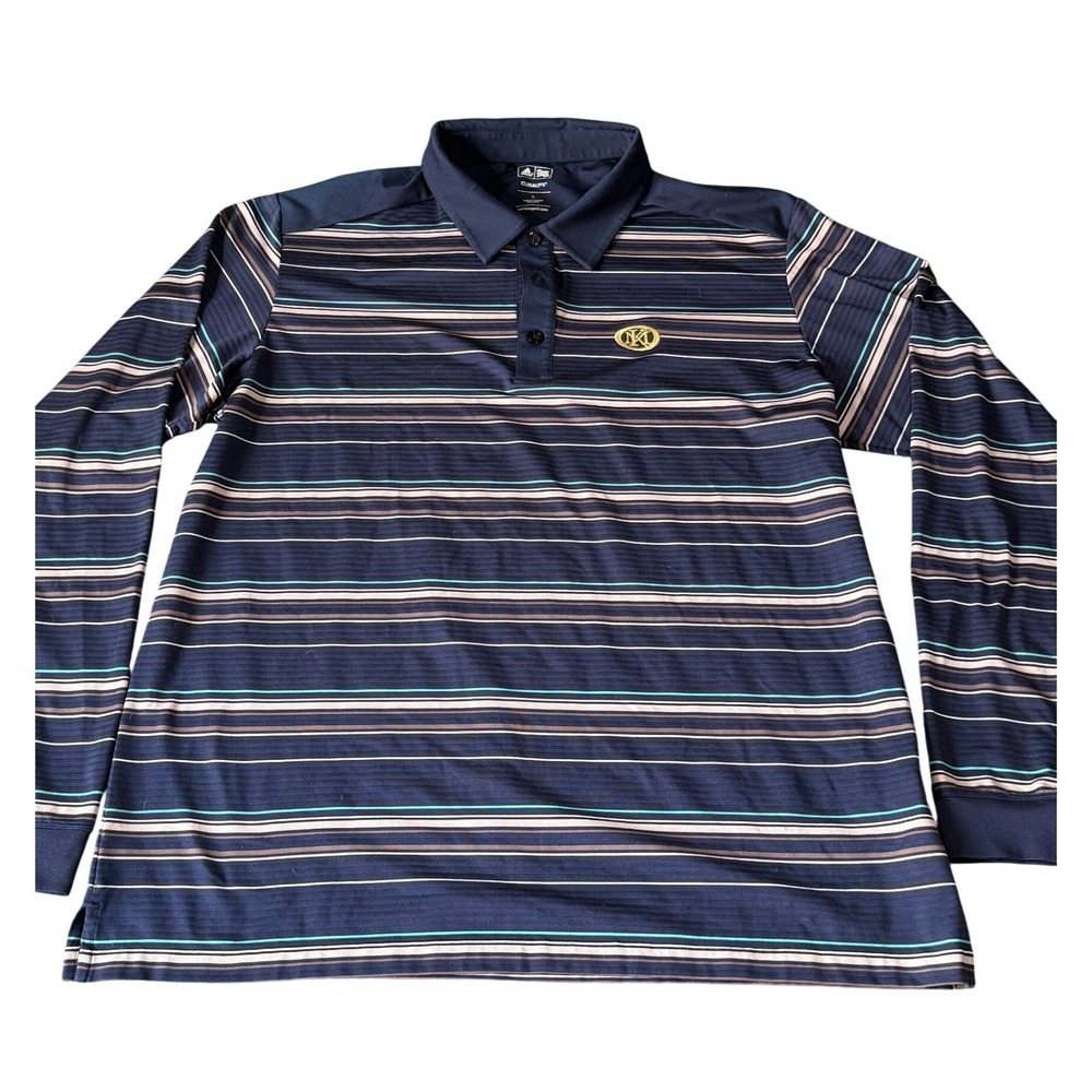Adidas Golf Climalite Mens Large Long Sleeve Polo Shirt Navy Blue Striped